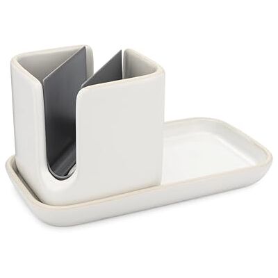 Full Circle Home Stash Keramische Spoelbak Caddy en Organizer, Wit/Grijs Full Circle Home Stash Keramische Spoelbak Caddy en Organizer, Wit/Grijs