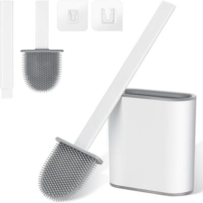 Romon Toiletborstel, siliconen, witte wc-borstel met rubberen kop, wandmontage zonder boren, inclusief borstelhouder, ideaal voor badkamer en camper Romon Toiletborstel, siliconen, witte wc-borstel met rubberen kop, wandmontage zonder boren, inclusief borstelhouder, ideaal voor badkamer en camper