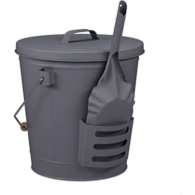 Relaxdays asemmer met deksel en schep, houten handgreep, grijs volume van 19 liter, kolenemmer met hengsel, staal Relaxdays asemmer met deksel en schep, houten handgreep, grijs volume van 19 liter, kolenemmer met hengsel, staal