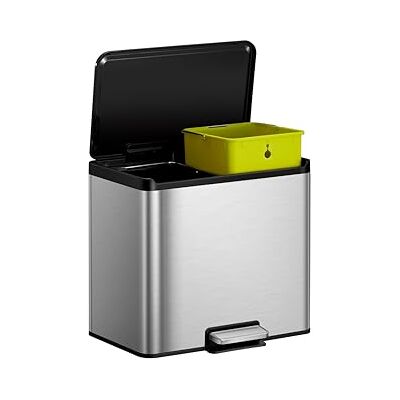 EKO Prullenbak met 2 vakken, 15 liter + 15 liter, essentiële roestvrijstalen recyclingbak, ideaal voor keuken, met pedaal en softclose recyclingbakken EKO Prullenbak met 2 vakken, 15 liter + 15 liter, essentiële roestvrijstalen recyclingbak, ideaal voor keuken, met pedaal en softclose recyclingbakken