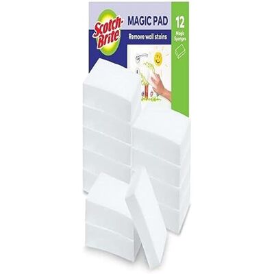 Scotch-Brite Magic Easy Eraser Spons, melamine reiniger, voordeelverpakking van 12 pads, verwijdert vlekken van muren, schoenen, gootstenen en meer zonder chemicaliën, wit Scotch-Brite Magic Easy Eraser Spons, melamine reiniger, voordeelverpakking van 12 pads, verwijdert vlekken van muren, schoenen, gootstenen en meer zonder chemicaliën, wit