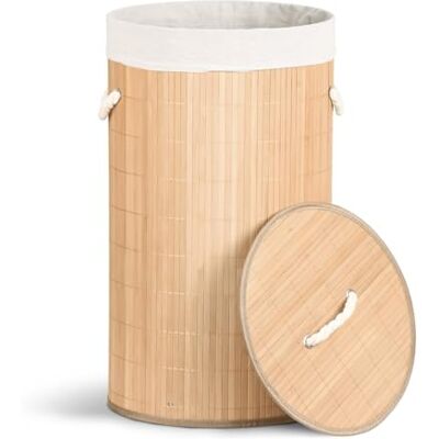 VOUNOT ® Wasmand Bamboe met Deksel, 58L Rond Wasmand met 2 Uitneembare Waszakken & Handvatten, Opvouwbare Wasbox voor Badkamer Slaapkamer Wasruimte, Houtkleur VOUNOT ® Wasmand Bamboe met Deksel, 58L Rond Wasmand met 2 Uitneembare Waszakken & Handvatten, Opvouwbare Wasbox voor Badkamer Slaapkamer Wasruimte, Houtkleur