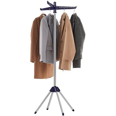 SONGMICS Droogrek voor kleding, 133 cm hoog, opvouwbaar wasdroogrek met 3 draaibare armen voor hangers, 4 poten, roestvrij staal, voor 27 kledingstukken, blauw en zilver ULLR510Q01 SONGMICS Droogrek voor kleding, 133 cm hoog, opvouwbaar wasdroogrek met 3 draaibare armen voor hangers, 4 poten, roestvrij staal, voor 27 kledingstukken, blauw en zilver ULLR510Q01