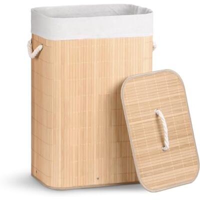 VOUNOT ® Wasmand Bamboe met Deksel, 72L Rechthoekig Wasmand met 2 Uitneembare Waszakken & Handvatten, Opvouwbare Wasbox voor Badkamer Slaapkamer Wasruimte, Houtkleur VOUNOT ® Wasmand Bamboe met Deksel, 72L Rechthoekig Wasmand met 2 Uitneembare Waszakken & Handvatten, Opvouwbare Wasbox voor Badkamer Slaapkamer Wasruimte, Houtkleur