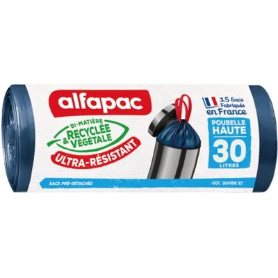 Alfapac 15 vuilniszakken, 30 l, hoge afvalemmer met schuifband, zeer robuust, gemaakt in Frankrijk, gerecyclede en plantaardige bi-materialen Alfapac 15 vuilniszakken, 30 l, hoge afvalemmer met schuifband, zeer robuust, gemaakt in Frankrijk, gerecyclede en plantaardige bi-materialen