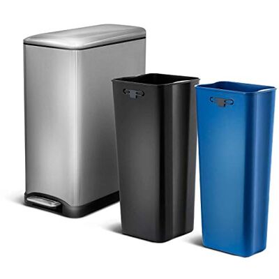 Zone Gen 1Prullenbak, 50 liter, slank, keuken,met dubbele compartimenten voor afval en recycling, soft-close deksel, pedaal, roestvrij staal, zilver Zone Gen 1Prullenbak, 50 liter, slank, keuken,met dubbele compartimenten voor afval en recycling, soft-close deksel, pedaal, roestvrij staal, zilver