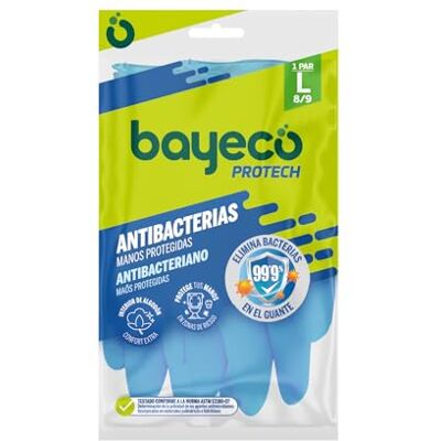 Bayeco Herbruikbare beschermende handschoenen, antibacterieel, extra bescherming voor het reinigen van je badkamer, kleur blauw, gevlokte binnenkant voor minder zweten en meer comfort, 1 paar, maat L Bayeco Herbruikbare beschermende handschoenen, antibacterieel, extra bescherming voor het reinigen van je badkamer, kleur blauw, gevlokte binnenkant voor minder zweten en meer comfort, 1 paar, maat L