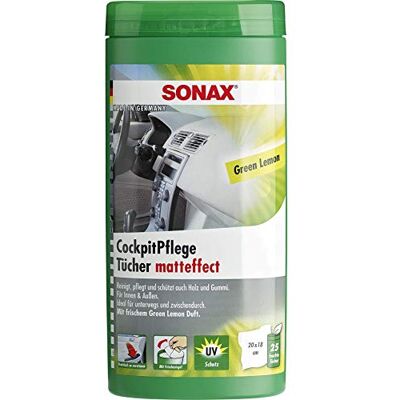 SONAX Cockpitverzorgingsdoeken, mateffect, Green Lemon Box (25 stuks), reinigen, onderhouden en beschermen alle kunststof onderdelen, hout en rubber zonder citroengeur, art.nr. 04128000 SONAX Cockpitverzorgingsdoeken, mateffect, Green Lemon Box (25 stuks), reinigen, onderhouden en beschermen alle kunststof onderdelen, hout en rubber zonder citroengeur, art.nr. 04128000