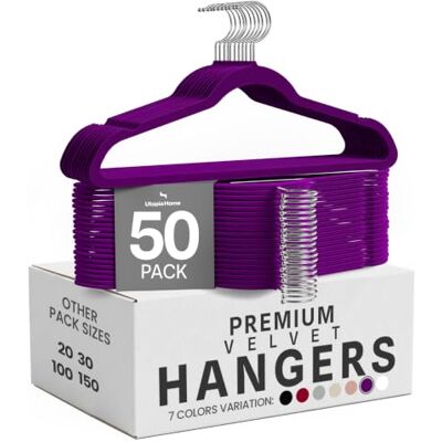 Utopia Home Utopia Fluwelen kleerhangers voor thuis, 50 stuks, paarse antislip kleerhangers, 360 graden draaibare haak, zeer stevig om pak of jas te dragen Utopia Home Utopia Fluwelen kleerhangers voor thuis, 50 stuks, paarse antislip kleerhangers, 360 graden draaibare haak, zeer stevig om pak of jas te dragen