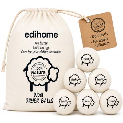 edihome Droogballen voor Droger – Set van 6 Wollen Droogballen 100% Natuurlijk, Verkorten de Droogtijd en Maken de Was Zachter, Duurzaam Alternatief, met Opbergzak edihome Droogballen voor Droger – Set van 6 Wollen Droogballen 100% Natuurlijk, Verkorten de Droogtijd en Maken de Was Zachter, Duurzaam Alternatief, met Opbergzak