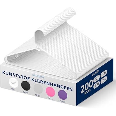 SereneLife Kleerhanger Witte Plastic Kledinghanger 200 Stuks, Duurzame Set, Antislip Ontwerp, Tubulaire Hangers met 2 Geïntegreerde Haakjes, voor Kleding SereneLife Kleerhanger Witte Plastic Kledinghanger 200 Stuks, Duurzame Set, Antislip Ontwerp, Tubulaire Hangers met 2 Geïntegreerde Haakjes, voor Kleding