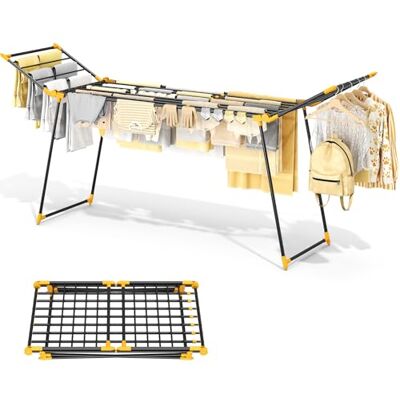 KINGRACK Droogrek met 2 klapvleugels, uittrekbare staande droger van buisstaal, variabele breedte 177,8-254 cm, opvouwbare wasdroger voor balkon en binnen, ruimtebesparend (geel, L) KINGRACK Droogrek met 2 klapvleugels, uittrekbare staande droger van buisstaal, variabele breedte 177,8-254 cm, opvouwbare wasdroger voor balkon en binnen, ruimtebesparend (geel, L)