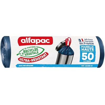 Alfapac 10 vuilniszakken, 50 l, hoge afvalemmer met schuifband, zeer robuust, gemaakt in Frankrijk, gerecyclede en plantaardige bi-materialen Alfapac 10 vuilniszakken, 50 l, hoge afvalemmer met schuifband, zeer robuust, gemaakt in Frankrijk, gerecyclede en plantaardige bi-materialen