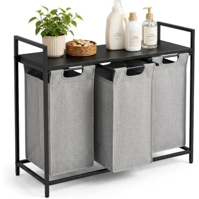 Relaxdays wasmand met plank, 3 uittrekbare waszakken, elk 40 l, zwart/grijs stof, HxBxT: 73 x 92,5 x 33 cm Relaxdays wasmand met plank, 3 uittrekbare waszakken, elk 40 l, zwart/grijs stof, HxBxT: 73 x 92,5 x 33 cm