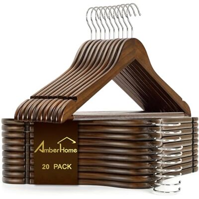 Amber Home 20 stuks vintage houten kleerhangers, walunt houten pakhangers met antislip broekstang, kledinghangers voor shirts, jassen, jurk, broek (retro, 20) Amber Home 20 stuks vintage houten kleerhangers, walunt houten pakhangers met antislip broekstang, kledinghangers voor shirts, jassen, jurk, broek (retro, 20)