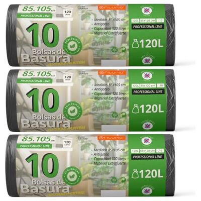 OFITURIA Vuilniszakken, 120 liter, robuust, 100% gerecycled en recyclebaar materiaal, lekvrij, plastic zakken, geschikt voor alle soorten afval, 85 x 105 cm, 30 zakken, 120 l OFITURIA Vuilniszakken, 120 liter, robuust, 100% gerecycled en recyclebaar materiaal, lekvrij, plastic zakken, geschikt voor alle soorten afval, 85 x 105 cm, 30 zakken, 120 l