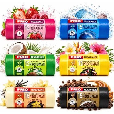 FRIO Multifrutti Geurende Vuilniszakken 30L – 6×15 Stuks, 6 Aroma’s & Kleuren, Extra Sterke Afvalzakken 52×58 cm FRIO Multifrutti Geurende Vuilniszakken 30L – 6×15 Stuks, 6 Aroma’s & Kleuren, Extra Sterke Afvalzakken 52×58 cm
