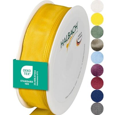 Halbach Seidenbänder Premium cadeaulint met draadrand, breedte 25 mm, lengte 25 m, Öko-Tex 100 gecertificeerd lint, taftband, made in Germany, kleur: geel Halbach Seidenbänder Premium cadeaulint met draadrand, breedte 25 mm, lengte 25 m, Öko-Tex 100 gecertificeerd lint, taftband, made in Germany, kleur: geel
