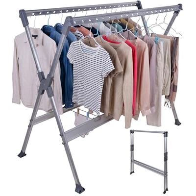 Relaxdays wasrek, uitschuifbaar en inklapbaar, HxBxD: 126,5 x 150-250 x 76 cm, voor kledinghangers, zilver Relaxdays wasrek, uitschuifbaar en inklapbaar, HxBxD: 126,5 x 150-250 x 76 cm, voor kledinghangers, zilver