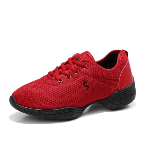 DHFMNLS Dames danssneakers Jazzschoenen, zachte buitenzool Vrouw Mesh ademend Jazz Sneakers Dames moderne jazzdansschoenen voor meisjes,Red-35EU