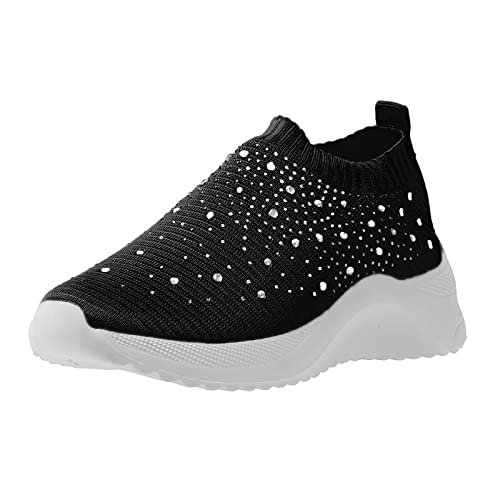 BOTCAM Sportschoenen dames 43 sportschoenen mesh loopschoenen strass decor slip-on loopschoenen schoenen gymschoenen dames, zwart, 37 EU