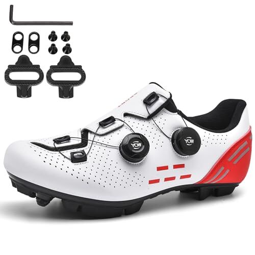 NGARY Heren MTB Schoenen Mountain fietsen schoenen Adembuitend buiten compatibel met SPD 2 bouten pedalen met fietsen fietsen fietsen fietsen,White red,42 EU