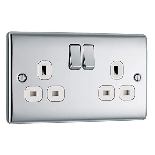 Masterplug BG Electrical Dubbele schakelbare contactdoos met witte tussenvoegsels, gepolijst chroom, 13 Amp