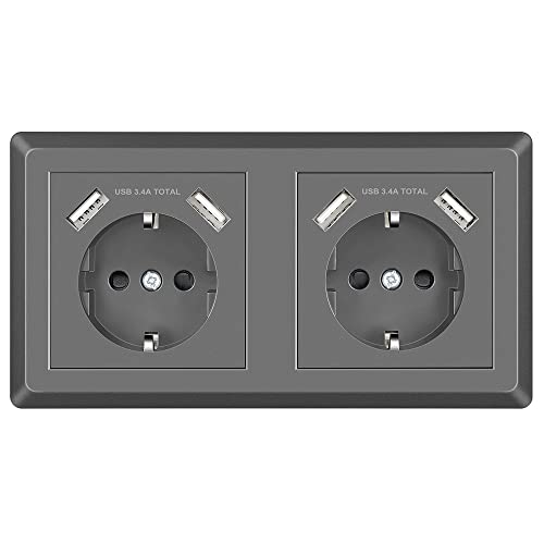 Sasudose USB-Stopcontact, 2 Stopcontacten met USB Schuko Wandcontactdoos Inbouw Dubbele Stopcontact met frame Geschikt voor Thuis, Kantoor, Hotel (Grijs)