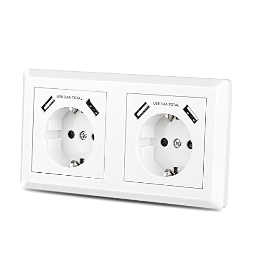 Sasudose USB-Stopcontact, 2 Stopcontacten met USB Schuko Wandcontactdoos Inbouw Dubbele Stopcontact voor Smartphone MP3, Wit