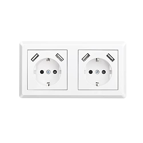 Sasudose USB-Stopcontact, Dubbele Stopcontact met 4 USB en Frame Schuko Inbouwstopcontact USB Wandcontactdoos Geschikt voor Thuis, Kantoor, Hotel