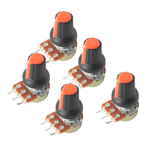 FUYUMIC 5 Set Lineaire Rotary Potentiometer WH148 B1K B10K B20K B50K B100K B250K B500K 15MM 3Pin Variabele Weerstanden met Oranje AG2 Knop (Maat: 5K Ohm)