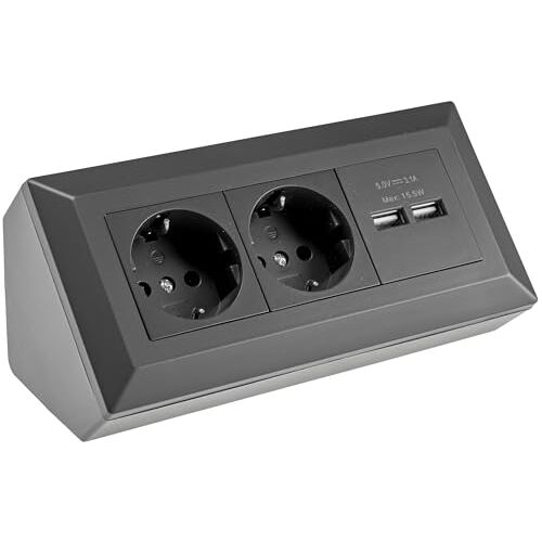 ChiliTec 2-voudige stekkerdoos + 2x USB, zwart, 250V~/ 16A, USB 5V=, opbouw, ideaal voor werkbladen en werkbanken