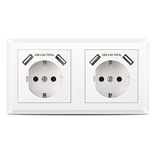 Kaifire USB-Stopcontact, Dubbel Stopcontact met USB Schuko Inbouw Wandcontactdoos met Frame Wit Stekkerdoos Inbouwstopcontact voor Smartphone, Tablet, MP3