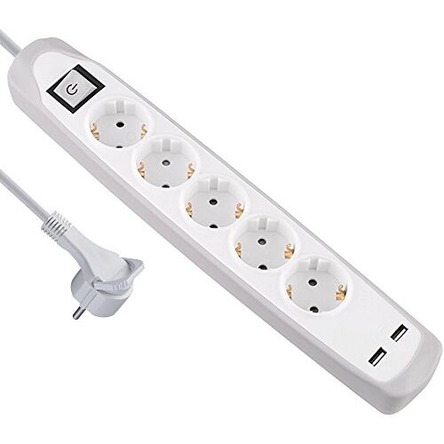 Electraline 62159, stekkerdoos 5-voudig met schakelaar + 2 USB 2.1A, kabel 2 m/meervoudige stekkerdoos/stekkerdoos/stekkerdoos, extra platte stekker