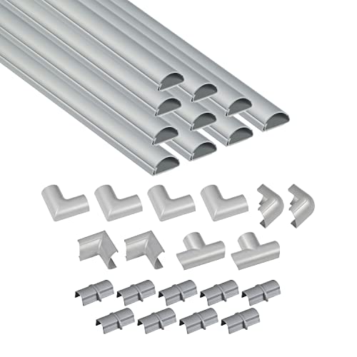 D-line Multipack met 4 meter kabelgoten van , halfronde kabelgoten, kunnen worden geschilderd, zelfklevende snoerbeschermer – 10 x 30 mm (B) x 15 mm (H) x 40 cm lang en 19 accessoires – aluminiumeffect