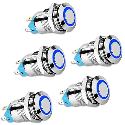 TAMOSH 5 stuks serie 12 mm drukknopschakelaar met hoge vergrendeling, ronde kap, drukknopschakelaar van metaal, waterdicht, met blauw licht, 12 V/24 V