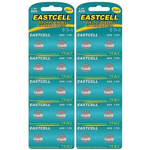 EASTCELL 20 x AG9 1,5V kwikvrij 45 mAh (2 blisterkaarten van 10 batterijen) LR45 194 936A wegwerp merkproduct