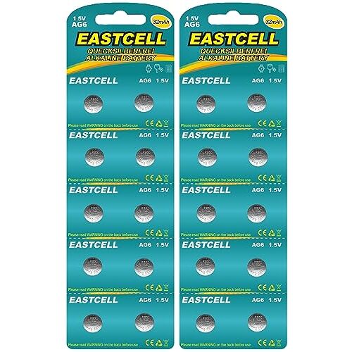 EASTCELL 20 x AG6 1,5 V kwikvrij 32 mAh (2 blisterkaarten van 10 batterijen) LR69 171 920 wegwerp merkproduct