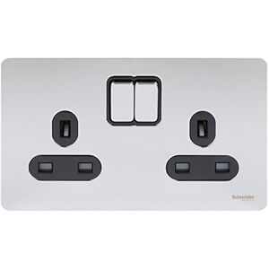 Schneider Electric Ultimate schroefloze, geschakelde dubbele contactdoos met platte plaat, dubbelpolig, 13 A, GU3420DBPC, gepolijst chroom met zwarte inzet Schneider Electric Ultimate schroefloze, geschakelde dubbele contactdoos met platte plaat, dubbelpolig, 13 A, GU3420DBPC, gepolijst chroom met zwarte inzet