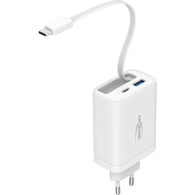 Ansmann USB-oplader met geïntegreerde kabel, 30 W Power Delivery-snellader voor USB-C en USB-A met geïntegreerde oplaadkabel. Compacte reisoplader Ansmann USB-oplader met geïntegreerde kabel, 30 W Power Delivery-snellader voor USB-C en USB-A met geïntegreerde oplaadkabel. Compacte reisoplader