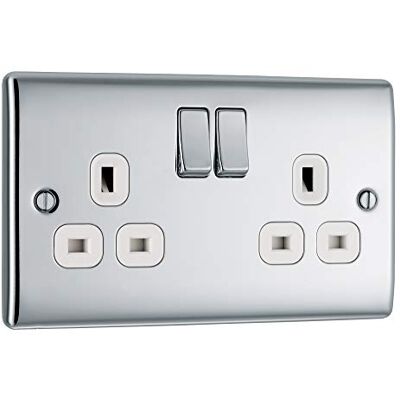 Nexus - 2-gang DP schakelaar stopcontact - Gepolijst chroom - Wit - Socket Nexus - 2-gang DP schakelaar stopcontact - Gepolijst chroom - Wit - Socket