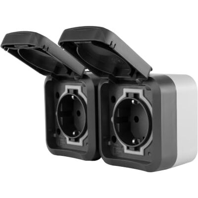 REV AquaStorm, stopcontact voor vochtige ruimtes, 2-voudig opbouw, IP55, tweepolig, horizontaal, 230 V, 16 A, antraciet REV AquaStorm, stopcontact voor vochtige ruimtes, 2-voudig opbouw, IP55, tweepolig, horizontaal, 230 V, 16 A, antraciet