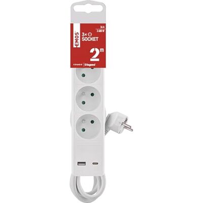 Algemeen Model Stekkerdoos - Kunststof/Wit/Rood - 3680W - 2000cm - Schakelaar & USB Algemeen Model Stekkerdoos - Kunststof/Wit/Rood - 3680W - 2000cm - Schakelaar & USB
