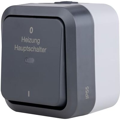 REV AquaStorm, hoofdschakelaar voor verwarmingsruimtes, IP55, tweepolig, opbouw, 230 V, 10 A, antraciet REV AquaStorm, hoofdschakelaar voor verwarmingsruimtes, IP55, tweepolig, opbouw, 230 V, 10 A, antraciet