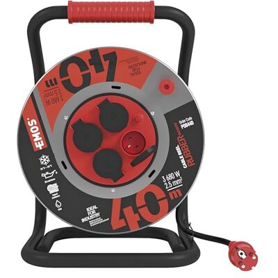 EMOS Kabelhaspel 40 m van plaatstaal 4 Franse stopcontacten waterdicht, slagvast, olie- en weerbestendig 230 V, 16 A, 3680 W rubberen isolatie H07RN-F 2,5 mm2 IP44 voor buiten EMOS Kabelhaspel 40 m van plaatstaal 4 Franse stopcontacten waterdicht, slagvast, olie- en weerbestendig 230 V, 16 A, 3680 W rubberen isolatie H07RN-F 2,5 mm2 IP44 voor buiten