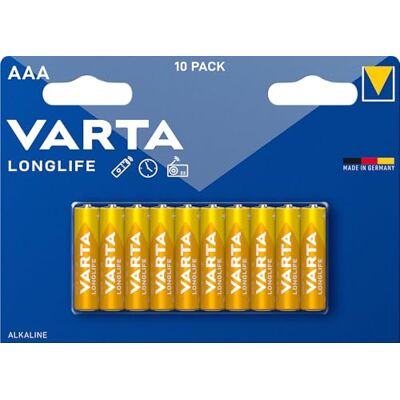 Varta Batterijen AAA, 10 stuks, Longlife, alkaline, 1,5 V Formaat LR03, Made in Germany, tot 10 jaar houdbaar, voor afstandsbediening, wandklok, radio, wekker of zaklamp Varta Batterijen AAA, 10 stuks, Longlife, alkaline, 1,5 V Formaat LR03, Made in Germany, tot 10 jaar houdbaar, voor afstandsbediening, wandklok, radio, wekker of zaklamp