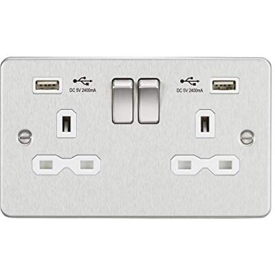Knightsbridge 13A 2G geschakelde contactdoos met dubbele USB-oplader A + A (2,4A) geborsteld chroom met wit inzetstuk Knightsbridge 13A 2G geschakelde contactdoos met dubbele USB-oplader A + A (2,4A) geborsteld chroom met wit inzetstuk