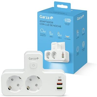 Garza 5-in-1 adapter met 2 geaarde stopcontacten, 2 USB-A en 1 USB-C PD20W, snel opladen, dimbaar touch-nachtlampje, kinderbeveiliging en oververhittingsbeveiliging Garza 5-in-1 adapter met 2 geaarde stopcontacten, 2 USB-A en 1 USB-C PD20W, snel opladen, dimbaar touch-nachtlampje, kinderbeveiliging en oververhittingsbeveiliging