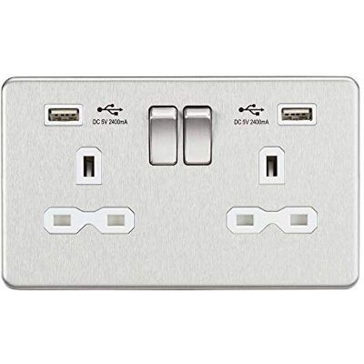 Knightsbridge SFR9224BCW 2G schakelbare contactdoos met 2,4 A dubbele USB-oplader, geborsteld chroom met wit inzetstuk, 13 A Knightsbridge SFR9224BCW 2G schakelbare contactdoos met 2,4 A dubbele USB-oplader, geborsteld chroom met wit inzetstuk, 13 A