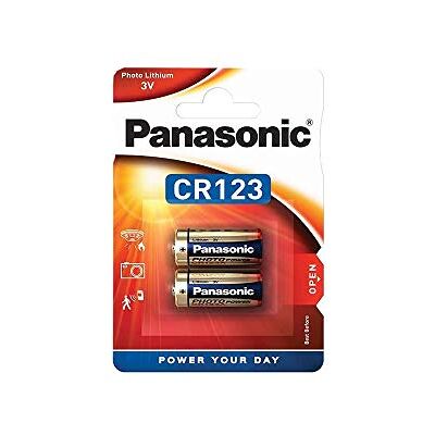 Panasonic CR123 cilindrische lithiumbatterij voor lichte apparaten met een hoge energiebehoefte zoals rookmelders, alarmsystemen, koplampen, camera's, 3V, verpakking van 2. Panasonic CR123 cilindrische lithiumbatterij voor lichte apparaten met een hoge energiebehoefte zoals rookmelders, alarmsystemen, koplampen, camera's, 3V, verpakking van 2.